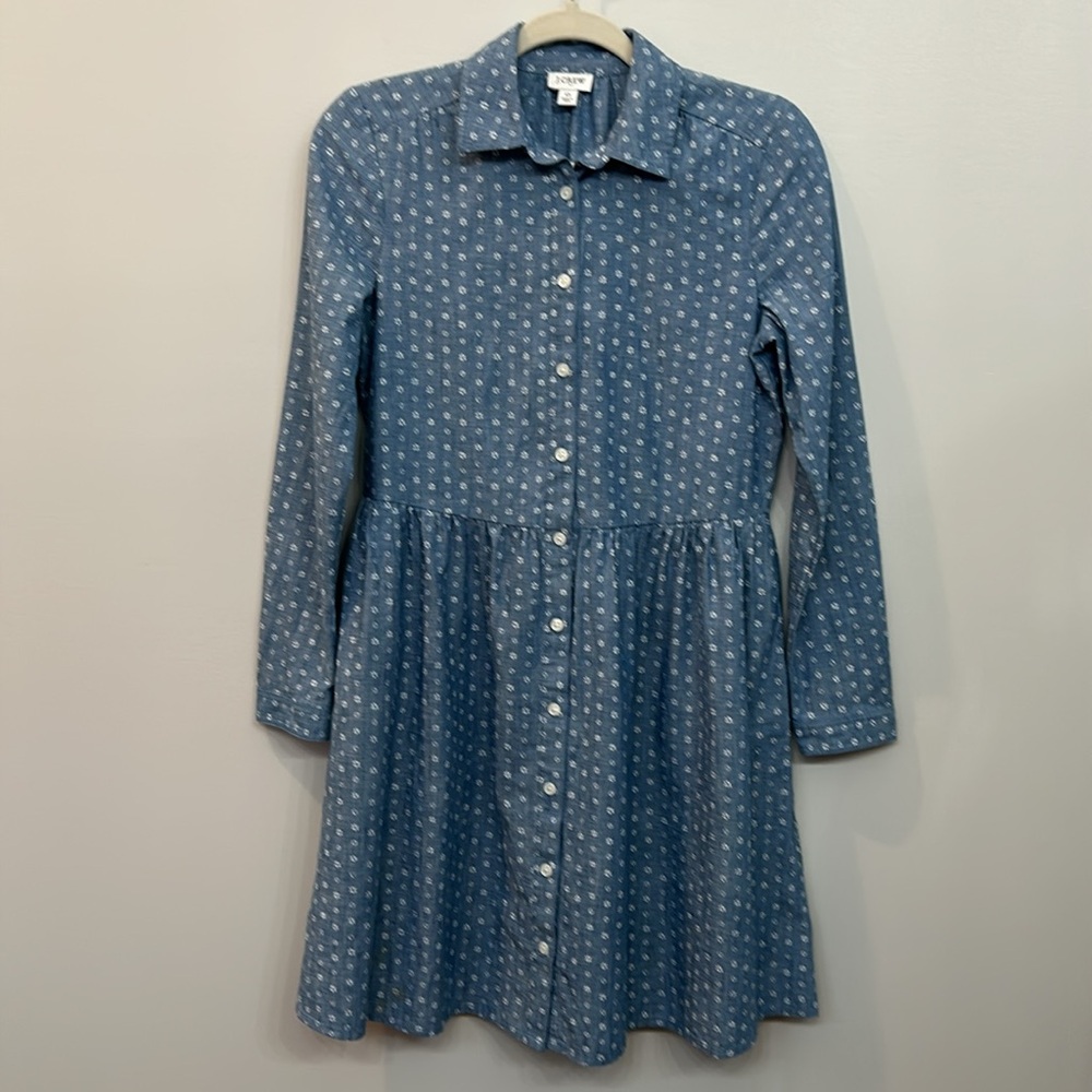 J. Crew Factory Womanâs Chambray Button Up Shirt Dress With Floral Blue Size 0
